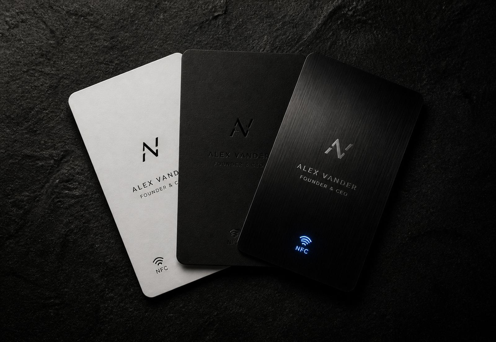 A fanned deck of premium NFC business cards